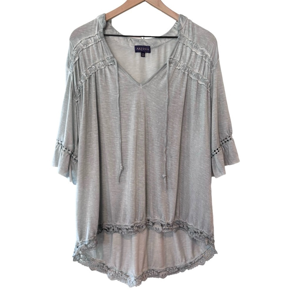 Women's Artesia gray green boho peasant bell sleeve tie front top size xxl